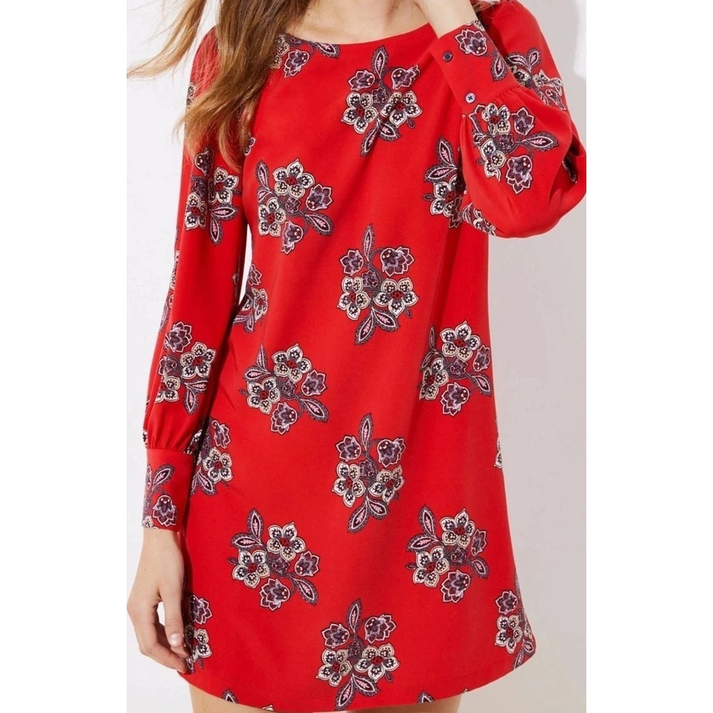 Ann Taylor Loft‎ Women's Dress 4 Floral Crimson Red Spring Summer Cuffed Sleeve